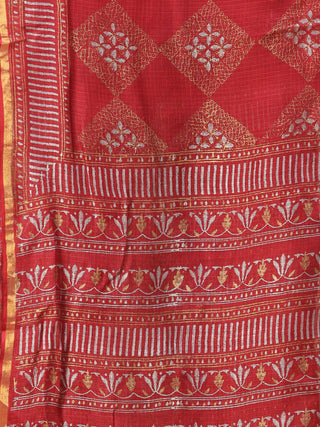 Rose Red Grey Kota Silk Hand Block Printed Dupatta - D04170759