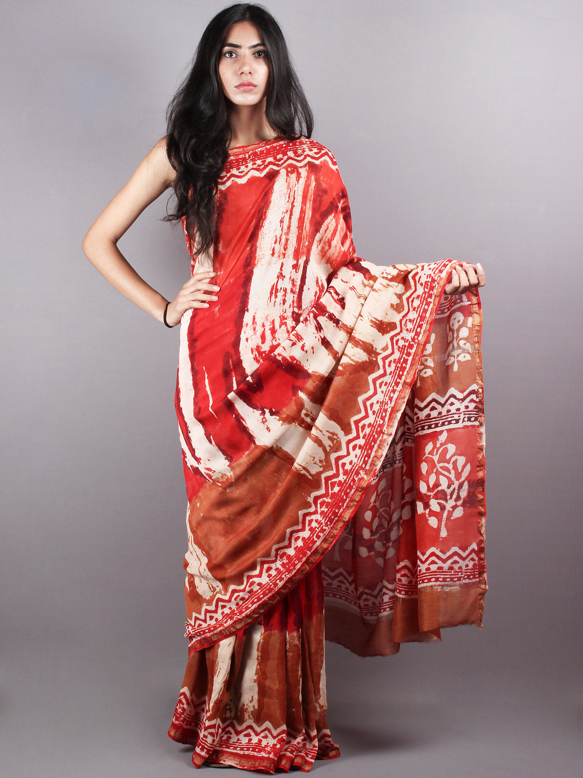 Red Shades Hand Dyed & Block Printed in Natural Vegetable Colors Chanderi Saree - S03170149