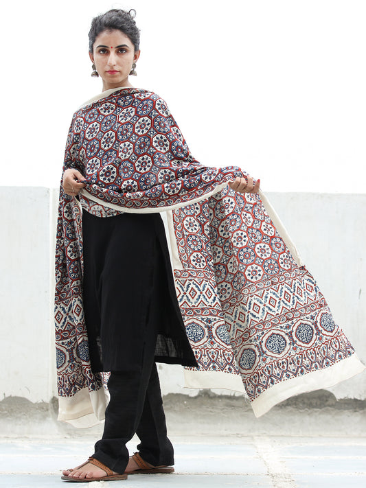 Ivory Red Blue Ajrakh Hand Block Printed Modal Silk Dupatta - D04170370
