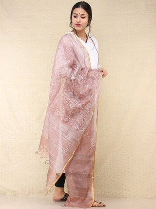 Rosewood Pink Ivory Kota Silk Hand Block Printed Dupatta - D04170760