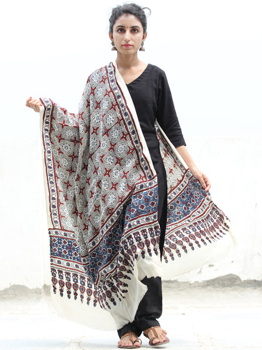 Ivory Red Blue Ajrakh Hand Block Printed Modal Silk Dupatta - D04170371