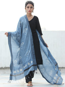 Steel Blue White Cotton Silk Hand Block Printed Dupatta  - D04170523