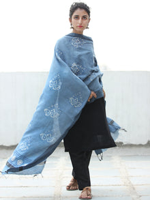 Steel Blue White Cotton Silk Hand Block Printed Dupatta  - D04170523