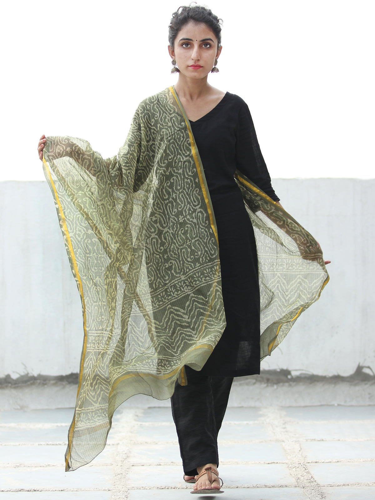 Olive Green Ivory Kota Silk Hand Block Printed Dupatta - D04170524