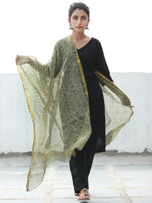 Olive Green Ivory Kota Silk Hand Block Printed Dupatta - D04170524
