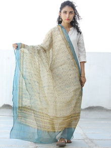 Beige Sky Blue Kota Doria Cotton Hand Block Printed Dupatta  - D04170612