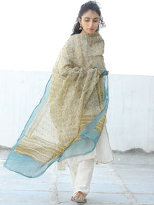 Beige Sky Blue Kota Doria Cotton Hand Block Printed Dupatta  - D04170612