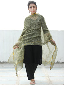 Olive Green Ivory Kota Silk Hand Block Printed Dupatta - D04170524