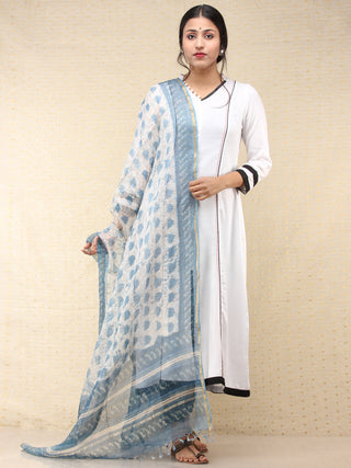 Ivory Indigo Kota Silk Hand Block Printed Dupatta - D04170763