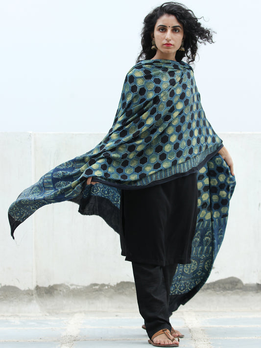 Indigo Green Black Ajrakh Hand Block Printed Modal Silk Dupatta - D04170373