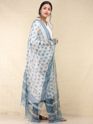 Ivory Indigo Kota Silk Hand Block Printed Dupatta - D04170763