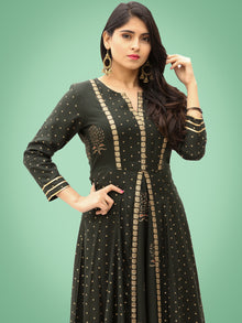 Zafra - Green Gold Printed Long Panel Dress - D397FDDD