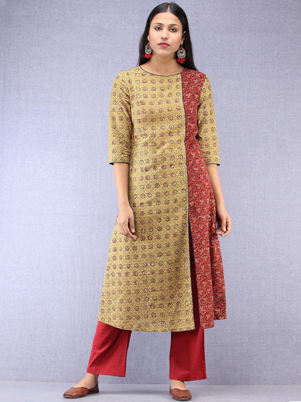 Olive Green Red Black Ajrakh Hand Block Printed Kurta With Front Slit  - K61F1628