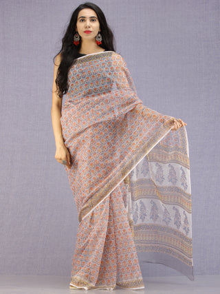 Grey Coral Teal Hand Block Printed Kota Doria Saree - S031704589