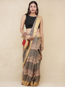 Beige Red Black Hand Block Printed Handwoven Linen Saree With Zari Border - S031704158