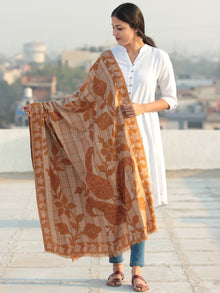 Mustard Beige Aari Embroidered Pure Wool Self Check Kashmiri Shawl - S200511