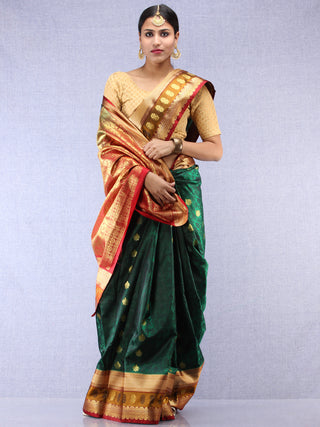 Banarasee Art Silk Saree With Resham Zari Weave - Bottle Green Maroon & Gold - S031704385