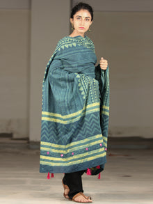 Deep Indigo Green Cotton Hand Block Printed Dupatta With Mirror Work & Tassels - D04170401