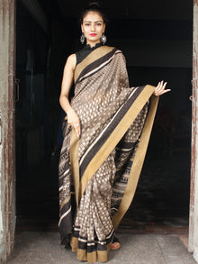 Light Brown Ivory Black Chanderi Silk Hand Block Printed Saree With Geecha Border - S031704005