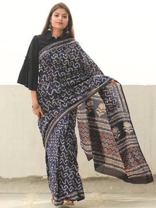 Indigo Ivory Rust Hand Block Printed  Cotton Mul Saree - S031704104