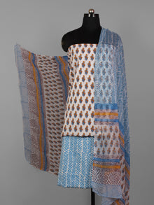 White Yellow Blue Hand Block Printed Cotton Suit-Salwar Fabric With Chiffon Dupatta (Set of 3) - S16281283