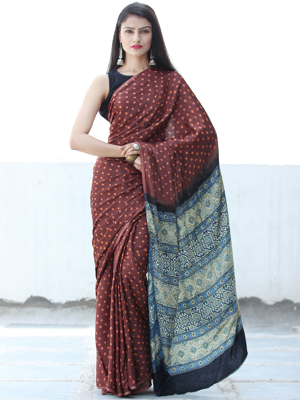 Brown Rust Black Green Bandhej Modal Silk Saree With Ajrakh Printed Pallu & Blouse - S031703877