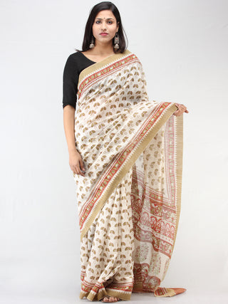 White Rosewood Green Chanderi Hand Block Printed Saree With Geecha Border - S031704460