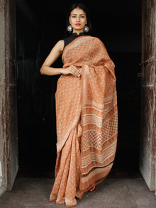 Brown Ivory Chanderi Silk Hand Block Printed Saree With Geecha Border - S031703986