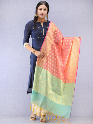 Banarasi Chanderi Dupatta With Zari Work - Pink Sky Blue & Gold - D04170796