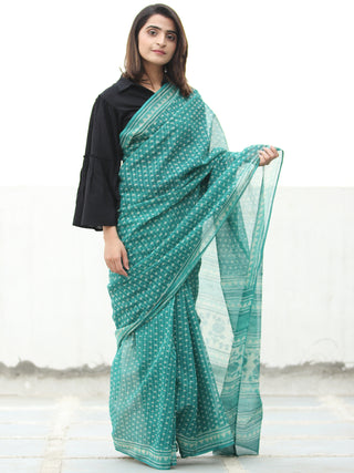 Sea Green Ivory Hand Block Printed Kota Doria Saree  - S031704074