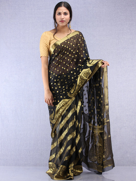 Banarasee Chiffon Saree With Golden Zari Weave - Black & Gold - S031704361