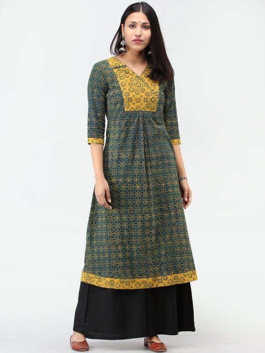 Green Mustard Ajrakh Hand Block Printed Cotton Kurta   - K210F1620