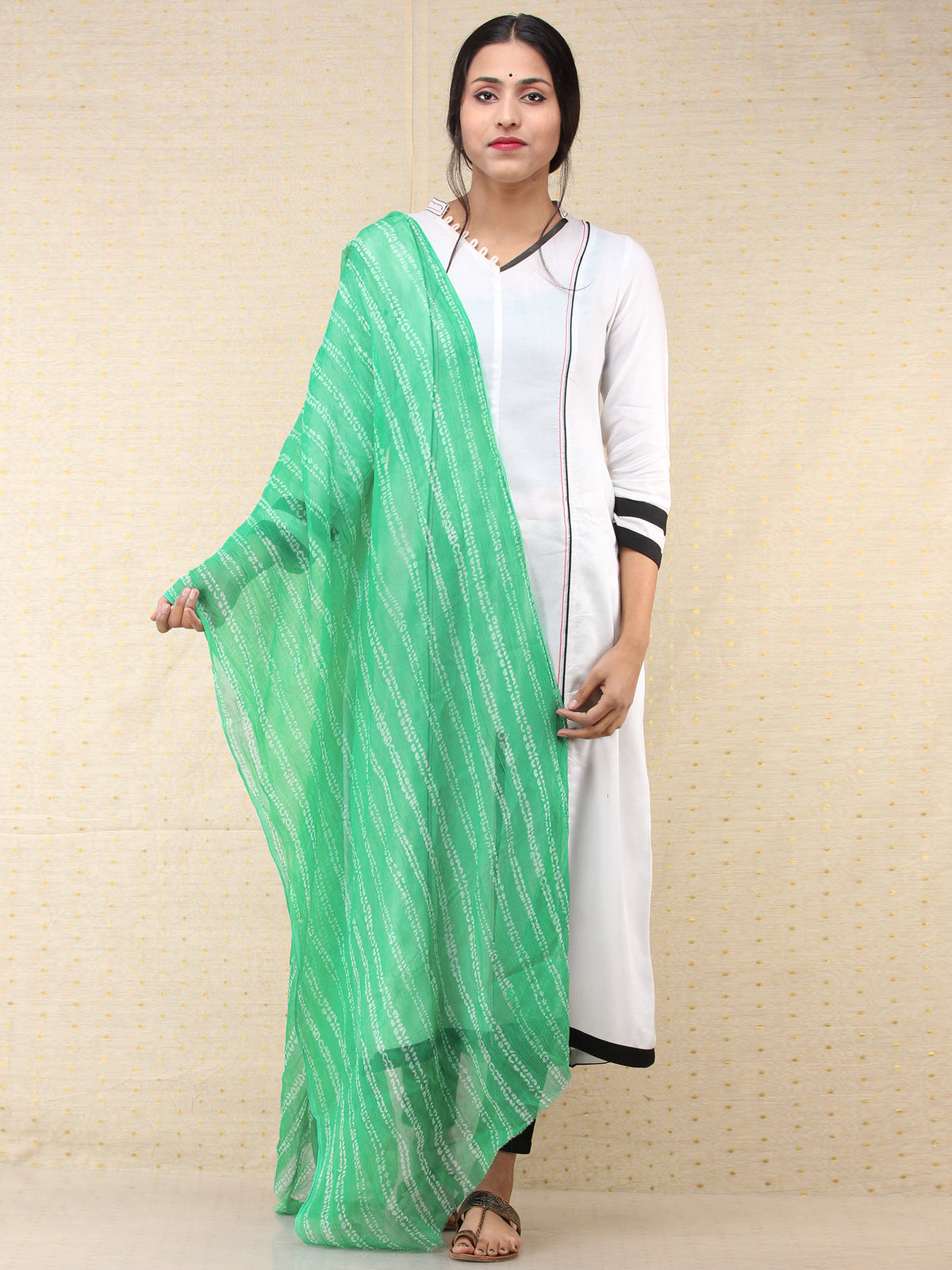 Green White Bandhini Hand Block Printed Dupatta  - D04170693