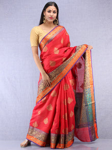 Banarasee Cotton Silk Saree With Zari Work - Coral Red Gold & Purple - S031704406
