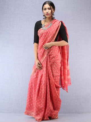 Pink Ivory Hand Block Printed Maheshwari Silk Saree With Zari Border - S031704485