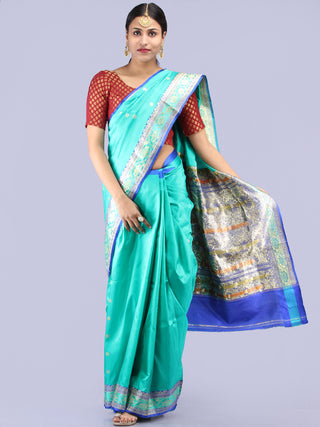 Banarasee Katan Silk Handloom Saree With Zari Work - Sea Green Blue Silver - S031704294