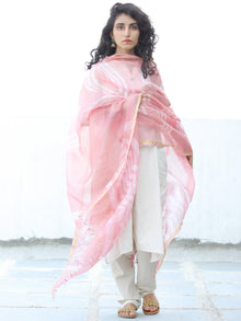 Pink White Shibori Kota Silk Hand Block Printed Dupatta - D04170635