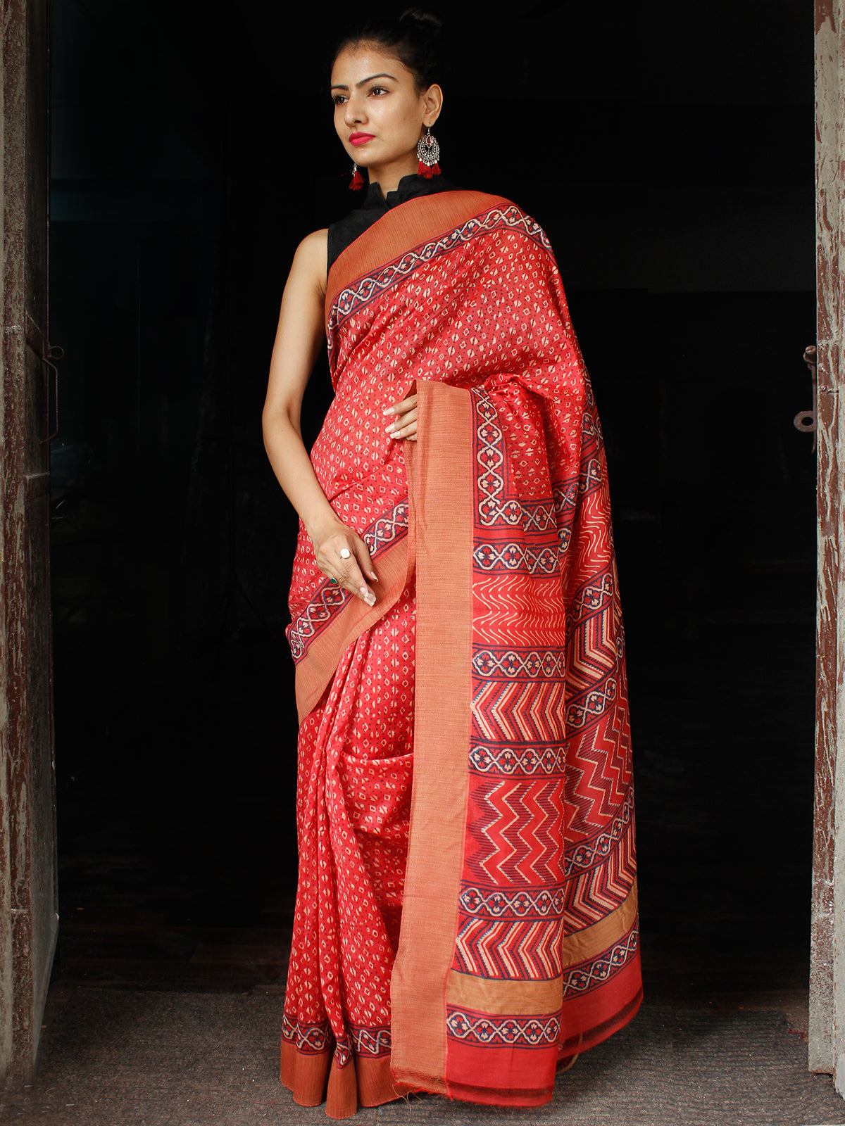 Red Ivory Black Chanderi Silk Hand Block Printed Saree With Geecha Border - S031703613