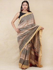 Beige Red Black Hand Block Printed Handwoven Linen Saree With Zari Border - S031704158