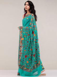 Teal Green Aari Embroidered Georgette Saree From Kashmir - S031704629