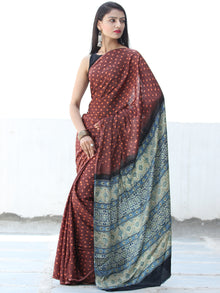 Brown Rust Black Green Bandhej Modal Silk Saree With Ajrakh Printed Pallu & Blouse - S031703877