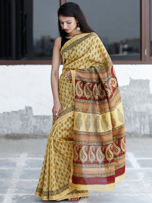 Yellow Maroon Black Bagh Hand Block Printed Maheswari Silk Saree With Resham Border - S031703832