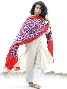 Red Blue White Telia Rumal Double Ikat   Handwoven Pochampally Cotton Dupatta -  D04170304