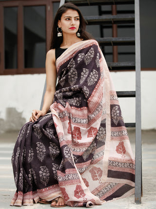 Black Beige Maroon Bagh Hand Block Printed Maheswari Silk Saree - S031703823