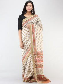 White Rosewood Green Chanderi Hand Block Printed Saree With Geecha Border - S031704460