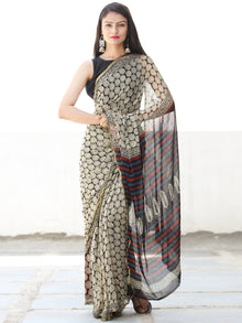 Black Ivory Red Hand Block Printed Chiffon Saree with Zari Border - S031703916
