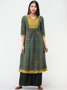 Green Mustard Ajrakh Hand Block Printed Cotton Kurta   - K210F1620