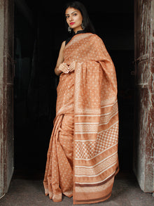 Brown Ivory Chanderi Silk Hand Block Printed Saree With Geecha Border - S031703986