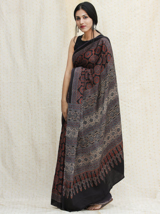 Maroon Black Indigo Ajrakh Hand Block Printed Modal Silk Saree - S031704121