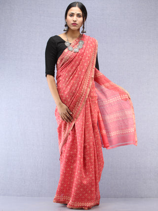 Pink Ivory Hand Block Printed Maheshwari Silk Saree With Zari Border - S031704485